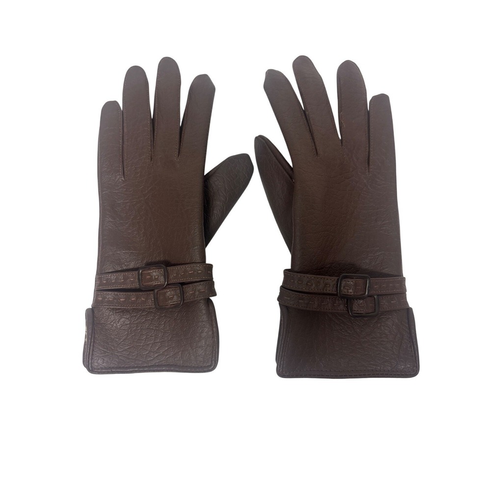 VTG LADIES BROWN FAUX LEATHER GLOVES Sz 7.5-9 buckles double stitch Sherpa lined